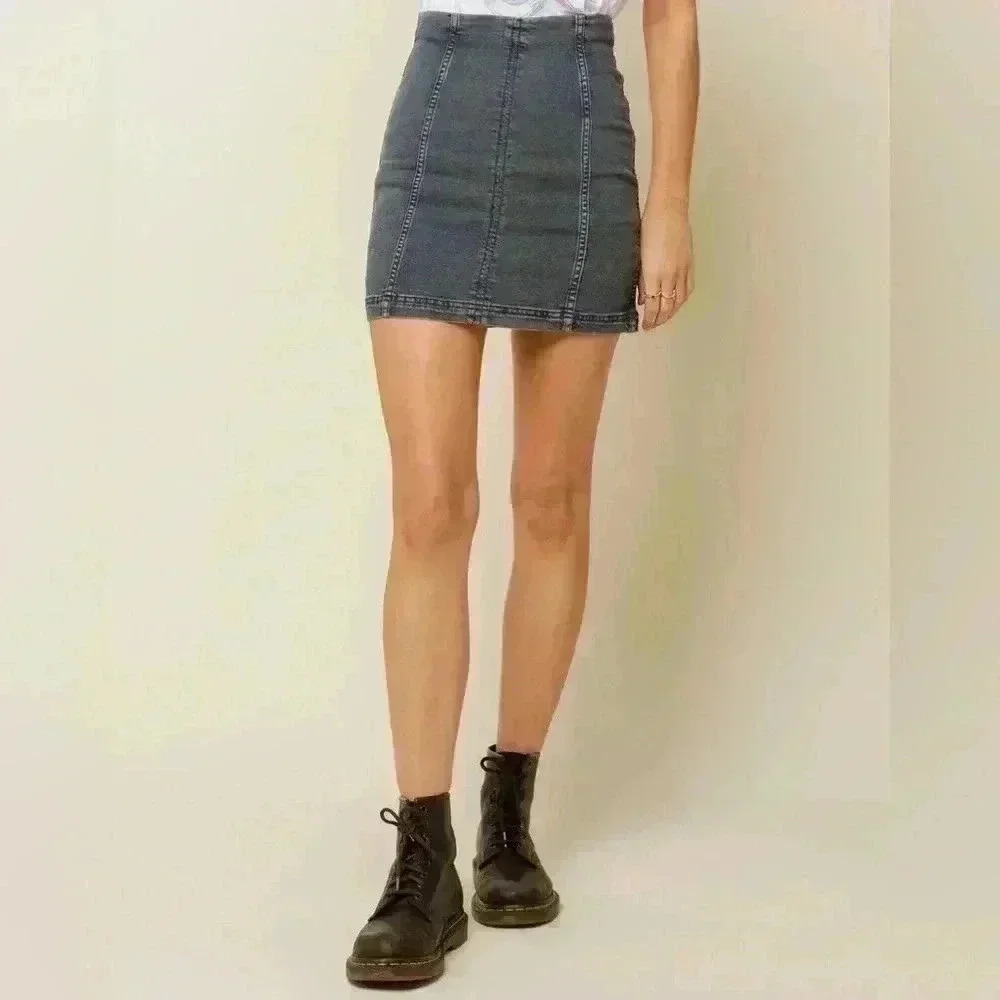 NWT Free People Modern Femme Grey Denim Mini Skirt Size 2